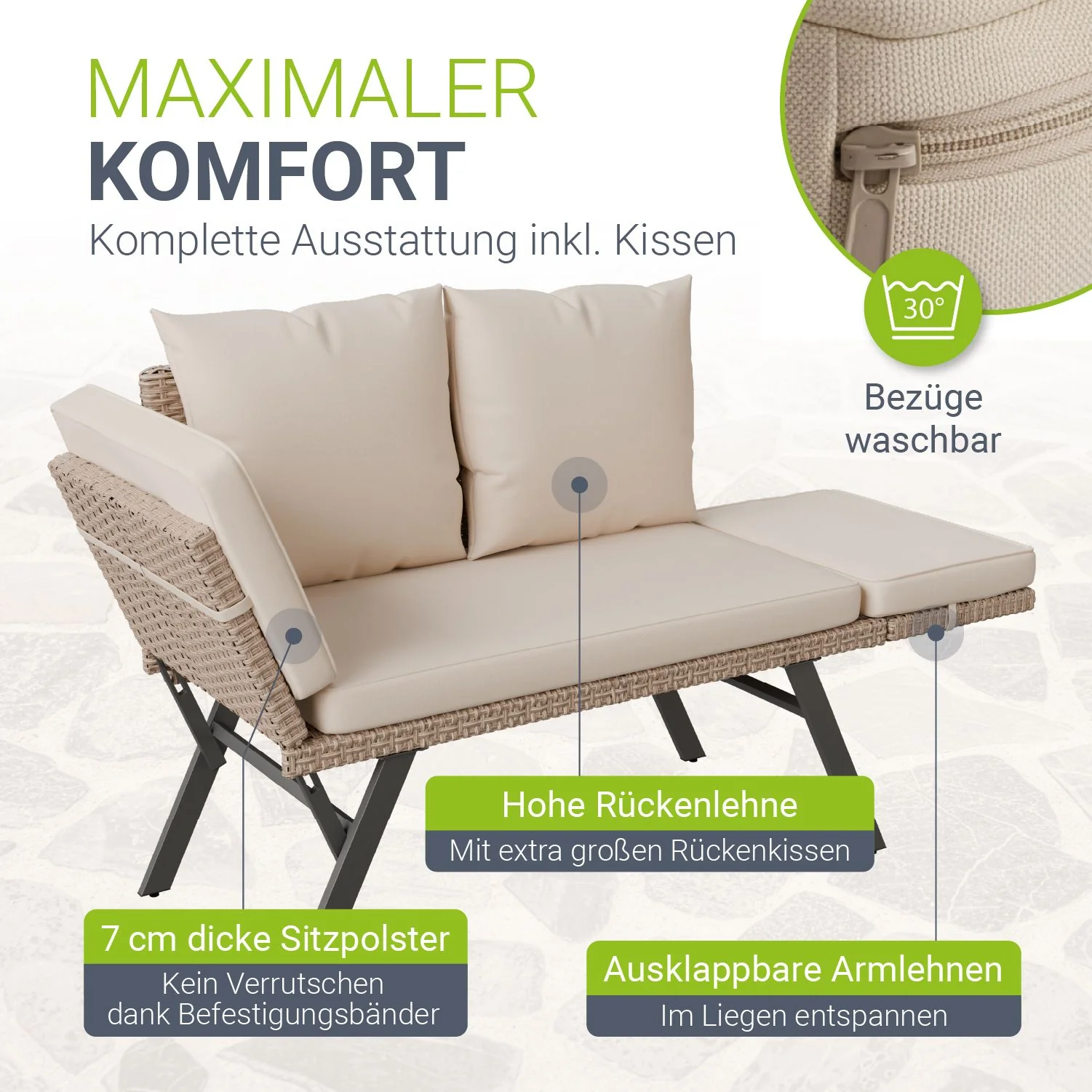 Polyrattan Multifunktionsbank Calvia Schwarz/Grau/Creme - Image 18