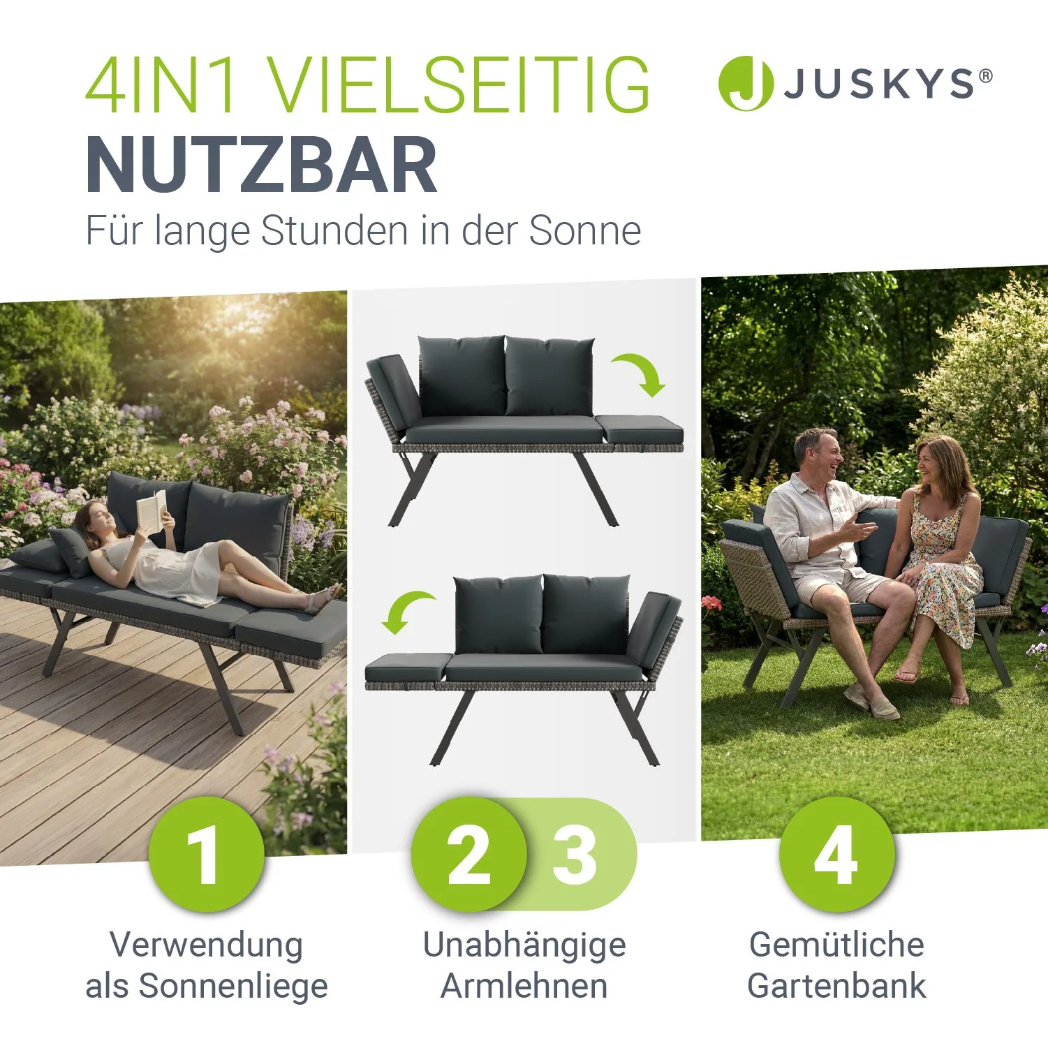 Polyrattan Multifunktionsbank Calvia Schwarz/Grau/Creme - Image 9